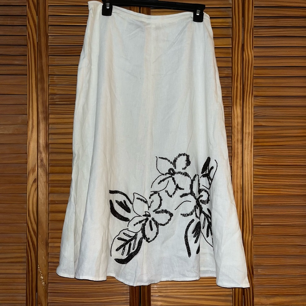 JM Collection A-line Off White Linen Floral Beaded Lined Skirt Size 8